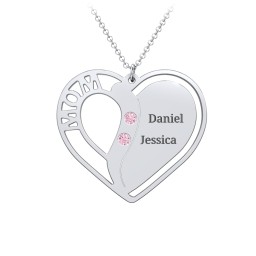 "Mom" Heart Necklace with Row of Birthstones in 925 Sterling Silver with Pink Tourmaline, Citrine, and Red Premium Zirconia