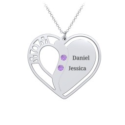 "Mom" Heart Necklace with Row of Birthstones in 925 Sterling Silver with Amethyst, Citrine, and Red Premium Zirconia