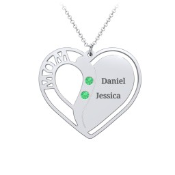 "Mom" Heart Necklace with Row of Birthstones in 925 Sterling Silver with Emerald, Citrine, and Red Premium Zirconia