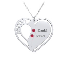 "Mom" Heart Necklace with Row of Birthstones in 925 Sterling Silver with Ruby, Citrine, and Red Premium Zirconia