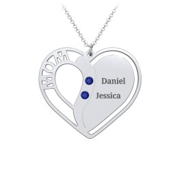 "Mom" Heart Necklace with Row of Birthstones in 925 Sterling Silver with Blue Sapphire, Citrine, and Red Premium Zirconia