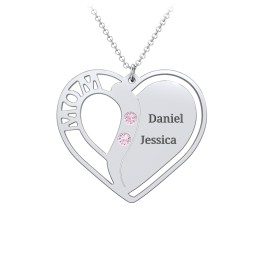 "Mom" Heart Necklace with Row of Birthstones in 925 Sterling Silver with Pink Tourmaline, Citrine, and Red Premium Zirconia