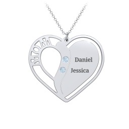 "Mom" Heart Necklace with Row of Birthstones in 925 Sterling Silver with Blue Topaz, Citrine, and Red Premium Zirconia
