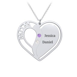 "Mom" Heart Necklace with Row of Birthstones in 925 Sterling Silver with Amethyst, Cubic Zirconia, Citrine, and Red Premium Zirconia