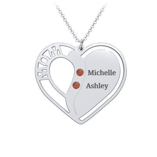 "Mom" Heart Necklace with Row of Birthstones – Sterling Silver with Garnet