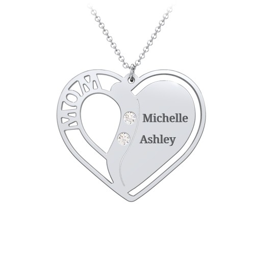 "Mom" Heart Necklace with Row of Birthstones – Sterling Silver with Cubic Zirconia