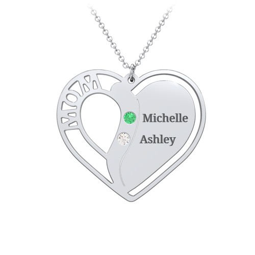 "Mom" Heart Necklace with Row of Birthstones – Sterling Silver with Emerald and Cubic Zirconia