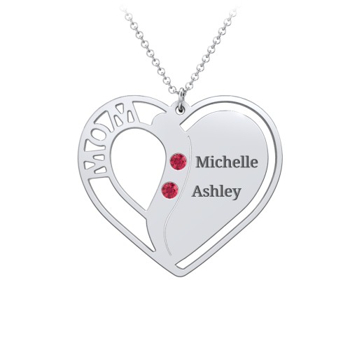 "Mom" Heart Necklace with Row of Birthstones – Sterling Silver with Ruby