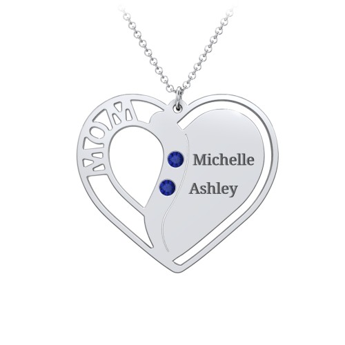 "Mom" Heart Necklace with Row of Birthstones – Sterling Silver with Blue Sapphire
