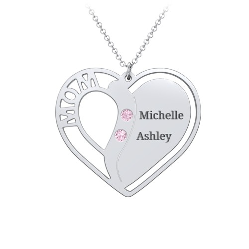 "Mom" Heart Necklace with Row of Birthstones – Sterling Silver with Pink Tourmaline