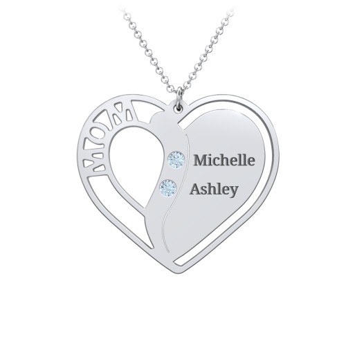 "Mom" Heart Necklace with Row of Birthstones – Sterling Silver with Blue Topaz