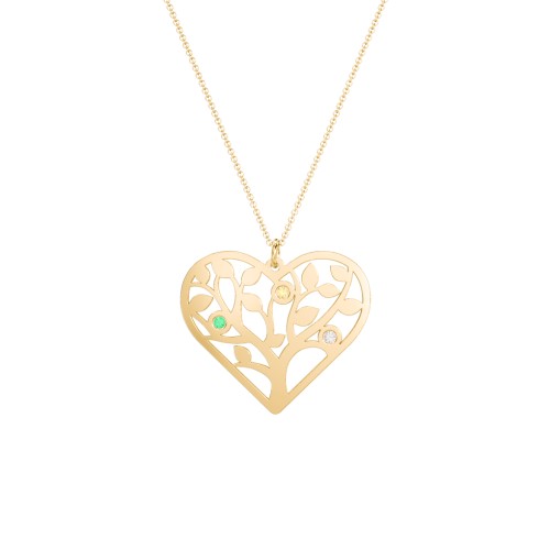 Heart Family Tree Mother's Necklace with 3-6 Birthstones – 10K Yellow Gold with Emerald, Citrine, and Cubic Zirconia