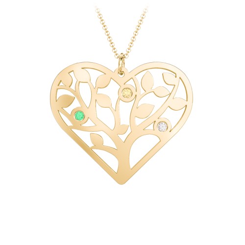 Heart Family Tree Mother's Necklace with 3-6 Birthstones – 10K Yellow Gold with Emerald, Citrine, and Cubic Zirconia