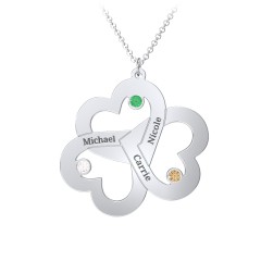 Engravable Three Heart Birthstone Necklace – Sterling Silver with Emerald, Citrine, and Cubic Zirconia