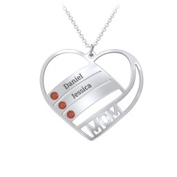 Engravable "Mom" Heart 2-5 Birthstone Necklace in 925 Sterling Silver with Garnet, Blue Topaz, and Pink Tourmaline