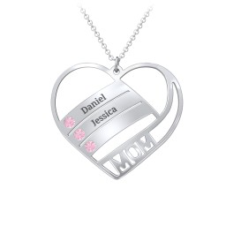 Engravable "Mom" Heart 2-5 Birthstone Necklace in 925 Sterling Silver with Pink Tourmaline and Blue Topaz
