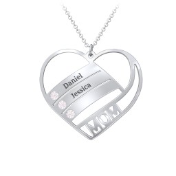 Engravable "Mom" Heart 2-5 Birthstone Necklace in 925 Sterling Silver with Cubic Zirconia, Blue Topaz, and Pink Tourmaline