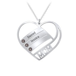 Engravable "Mom" Heart 2-5 Birthstone Necklace in 925 Sterling Silver with Smokey Quartz, Blue Topaz, and Pink Tourmaline