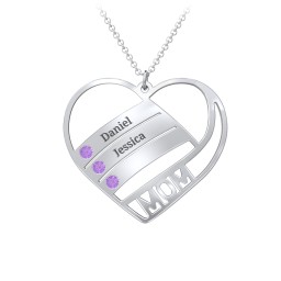 Engravable "Mom" Heart 2-5 Birthstone Necklace in 925 Sterling Silver with Amethyst, Blue Topaz, and Pink Tourmaline