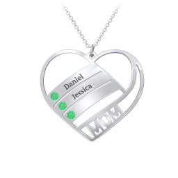 Engravable "Mom" Heart 2-5 Birthstone Necklace in 925 Sterling Silver with Emerald, Blue Topaz, and Pink Tourmaline
