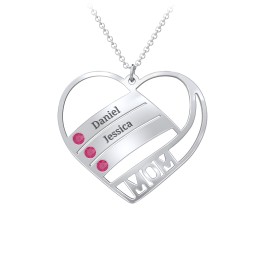 Engravable "Mom" Heart 2-5 Birthstone Necklace in 925 Sterling Silver with Ruby, Blue Topaz, and Pink Tourmaline