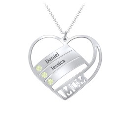 Engravable "Mom" Heart 2-5 Birthstone Necklace in 925 Sterling Silver with Peridot, Blue Topaz, and Pink Tourmaline