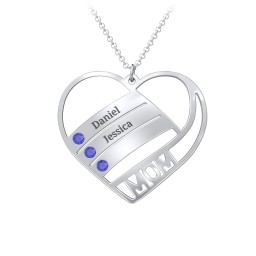 Engravable "Mom" Heart 2-5 Birthstone Necklace in 925 Sterling Silver with Blue Sapphire, Blue Topaz, and Pink Tourmaline