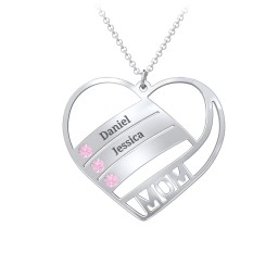 Engravable "Mom" Heart 2-5 Birthstone Necklace in 925 Sterling Silver with Pink Tourmaline and Blue Topaz