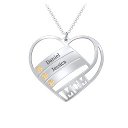 Engravable "Mom" Heart 2-5 Birthstone Necklace in 925 Sterling Silver with Citrine, Blue Topaz, and Pink Tourmaline