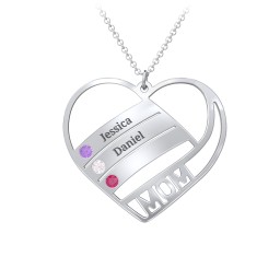 Engravable "Mom" Heart 2-5 Birthstone Necklace in 925 Sterling Silver with Amethyst, Cubic Zirconia, Ruby, Blue Topaz, and Pink Tourmaline