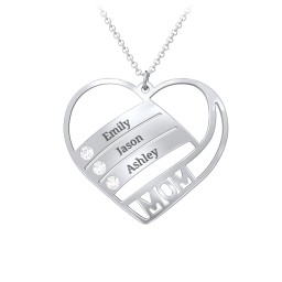 Engravable "Mom" Heart 2-5 Birthstone Necklace in 925 Sterling Silver with Diamond, Blue Topaz, and Pink Tourmaline
