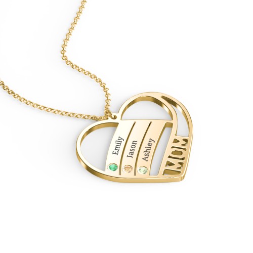 Engravable "Mom" Heart 2-5 Birthstone Necklace – 10K Yellow Gold with Emerald, Citrine, and Peridot