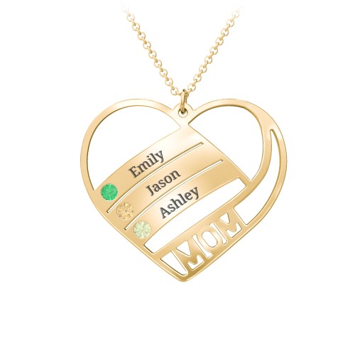 Engravable "Mom" Heart 2-5 Birthstone Necklace – 10K Yellow Gold with Emerald, Citrine, and Peridot