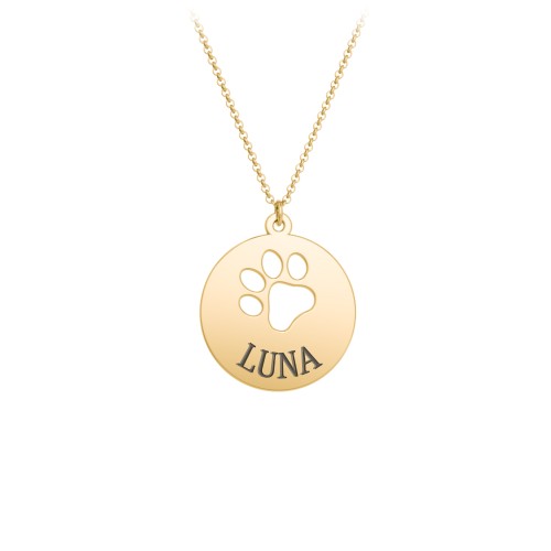 Engravable Pawprint Cutout Disc Necklace – 18K Gold Plated Silver