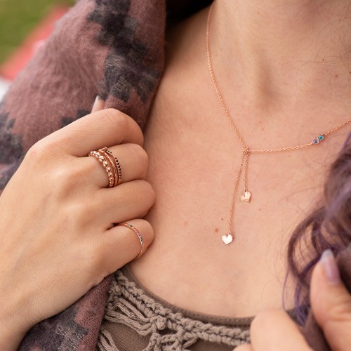 Lariat with Heart Charms and Gemstones – Sterling Silver with Cubic Zirconia