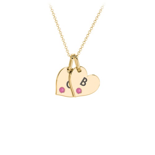 Engravable 2 Sideways Hearts Necklace with Birthstone – 18K Gold Plated Silver with Ruby