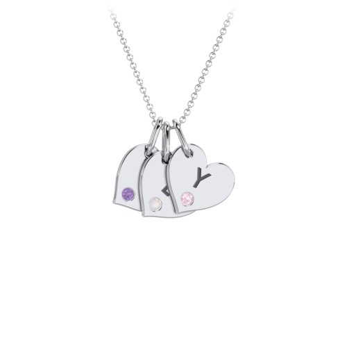 Engravable 3 Sideways Hearts Necklace with Birthstone – Sterling Silver with Amethyst, Opal, and Pink Tourmaline
