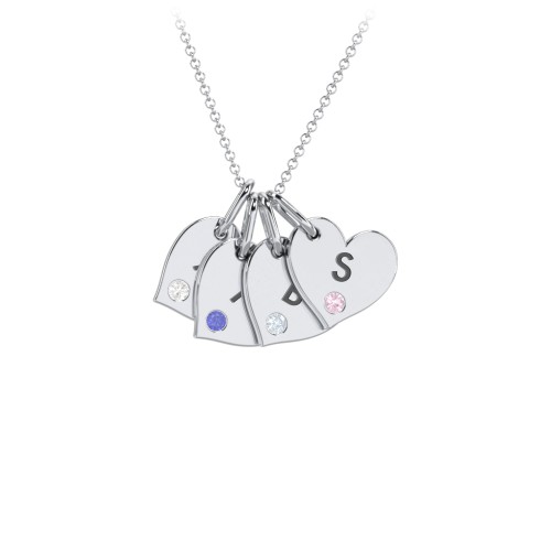 Engravable 4 Sideways Hearts Necklace with Birthstone – Sterling Silver with Cubic Zirconia, Blue Sapphire, Aquamarine, and Pink Tourmaline