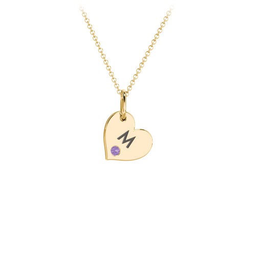 Engravable Sideways Heart Necklace with Birthstone – 18K Gold Plated Silver with Amethyst