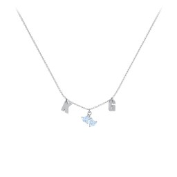 Initials Necklace with Double Heart Gemstones in 925 Sterling Silver with Aquamarine