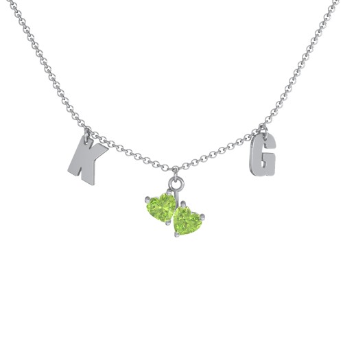 Initials Necklace with Double Heart Gemstones