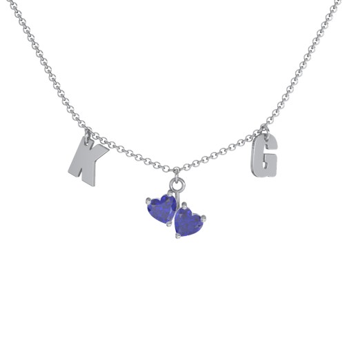 Initials Necklace with Double Heart Gemstones