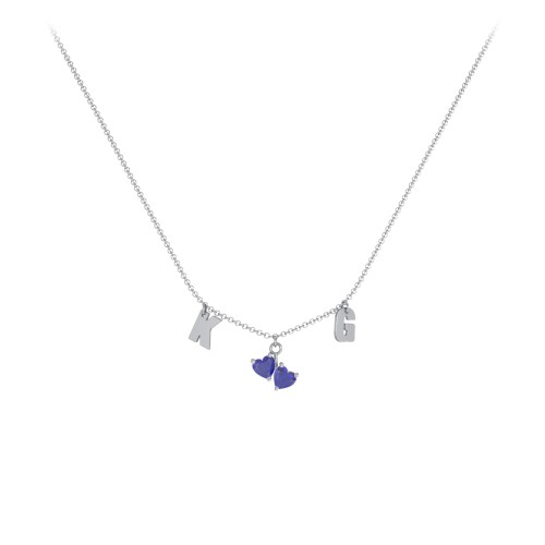 Initials Necklace with Double Heart Gemstones