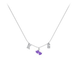 Initials Necklace with Double Heart Gemstones in 925 Sterling Silver with Amethyst