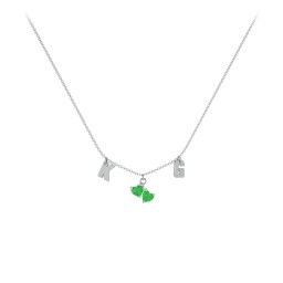 Initials Necklace with Double Heart Gemstones in 925 Sterling Silver with Emerald
