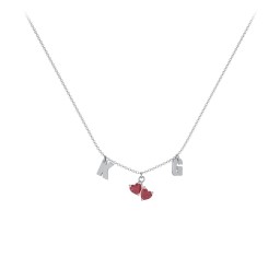 Initials Necklace with Double Heart Gemstones in 925 Sterling Silver with Ruby