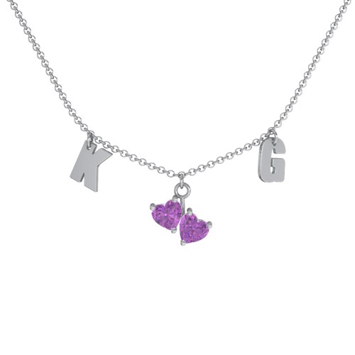 Initials Necklace with Double Heart Gemstones – Sterling Silver with Amethyst