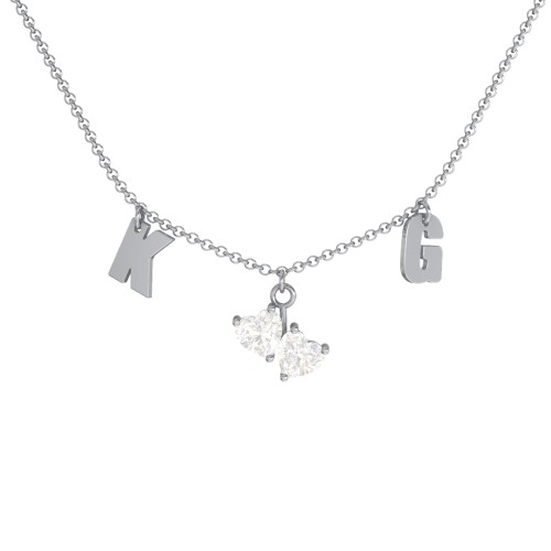 Initials Necklace with Double Heart Gemstones – Sterling Silver with Cubic Zirconia