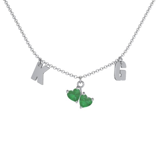 Initials Necklace with Double Heart Gemstones – Sterling Silver with Emerald