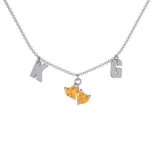Initials Necklace with Double Heart Gemstones – Sterling Silver with Citrine